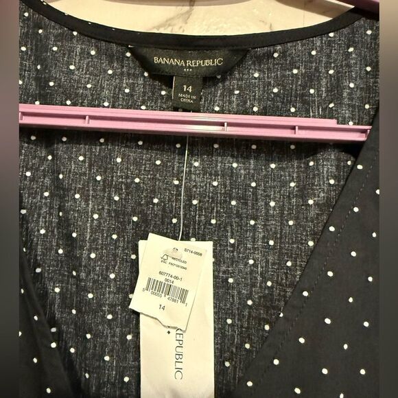 NEW Banana Republic Size 14 Black Dress White Polka Dots Puff Sleeve V-Neck - Picture 5 of 9